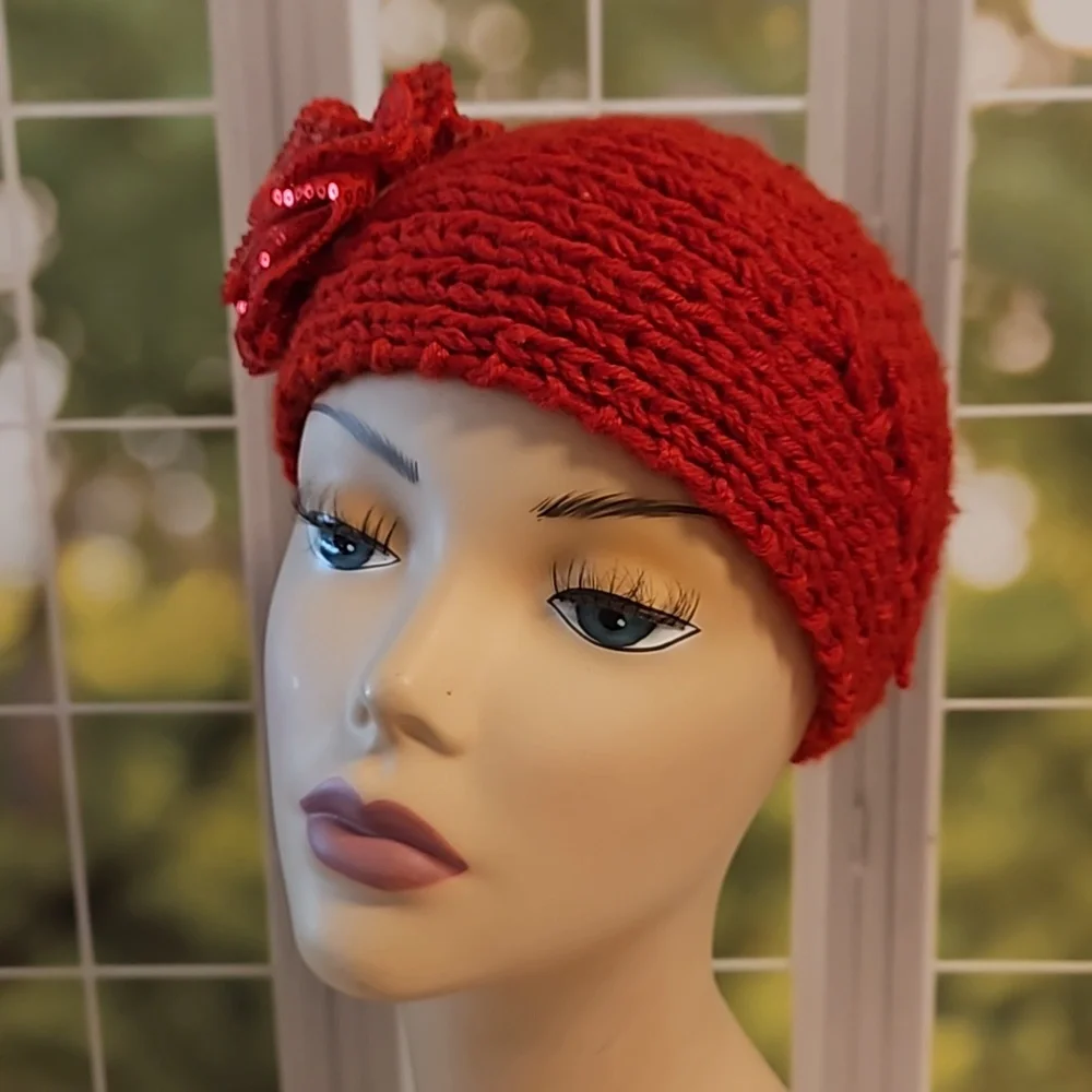 Red sequin bow detail on red knit headband wrap button detail festive holiday